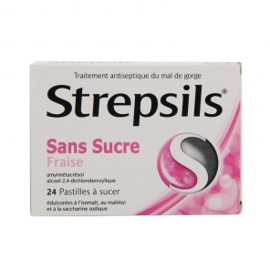 Strepsils Fraise Sans Sucre 24 Pastilles &eacute;dulcor&eacute;es &agrave; l'isomalt au maltitol et &agrave; la saccharine sodique